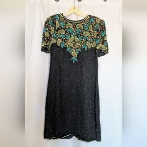 Elegant 100% Pure Silk Black Beaded Sequin Evening Cocktail Dress Size L